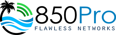 850 Pro Flawless Networks Panama City Beach Florida palm and wave horizontal logo