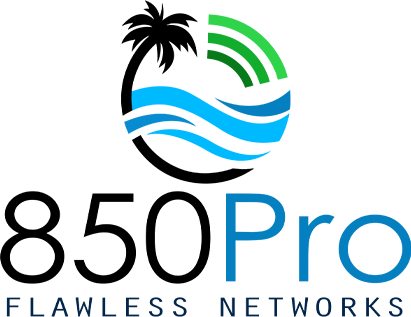 850 Pro Flawless Networks Panama City Beach Florida palm and wave vertical logo